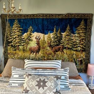 Vintage Velvet Italian Tapestry Rug Wall Hanging of Mountain Scene Buck & Deer